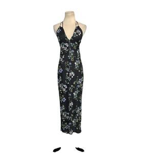 AFRM black purple floral mesh halter midi party dress size medium